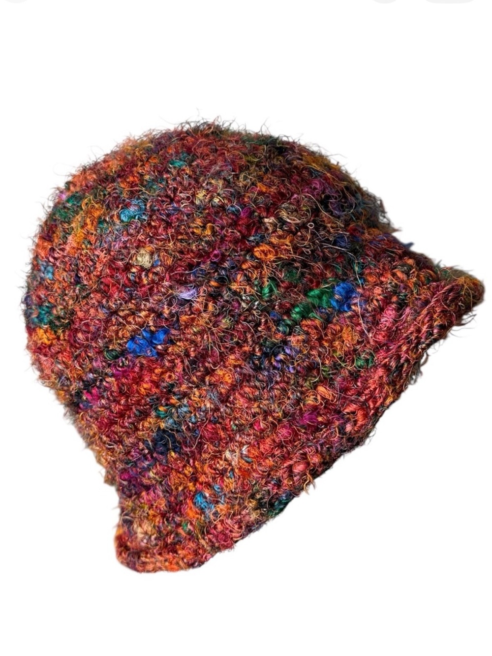 Handmade Boho Floppy Bucket Hat Silk Blend Knit Fibers Heavy Hairy Frayed Style